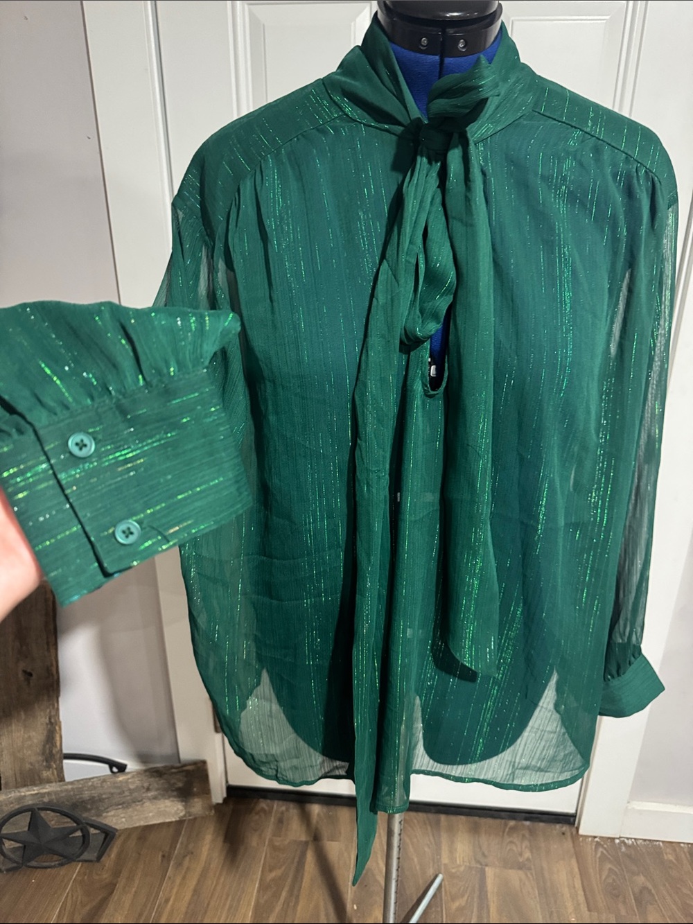 Emerald Green Sheer Tie-Neck Blouse